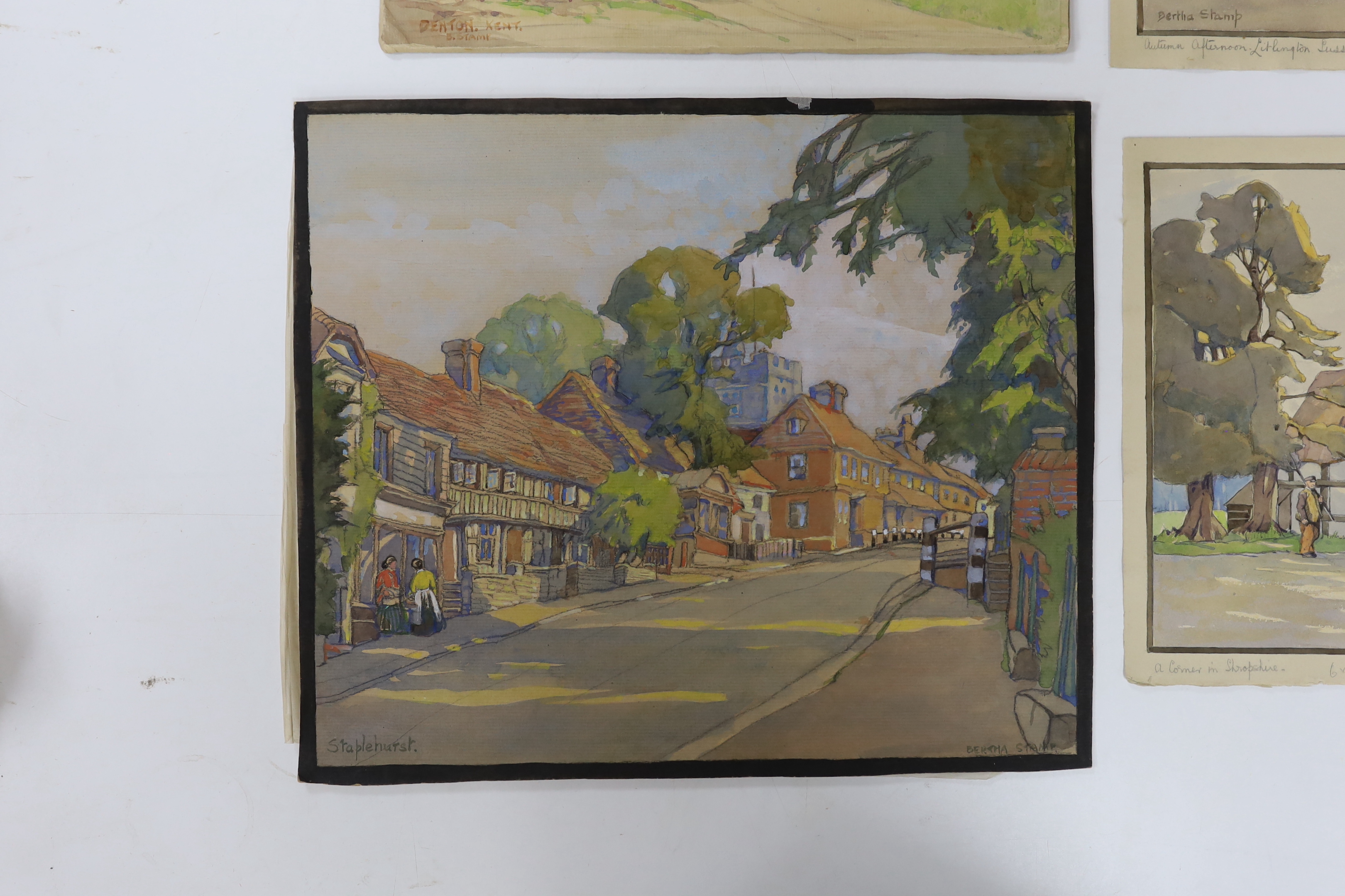 Bertha Stamp, four watercolours, English village scenes,' Autumn afternoon, Litlington, Sussex', 'An old corner in Shropshire', 'Denton, Kent' and 'Staplehurst, Kent', each signed, largest 42 x 35cm, unframed